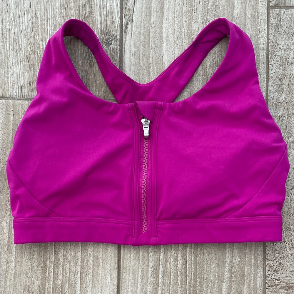 Athleta fuchsia zip front sports bra, size Large